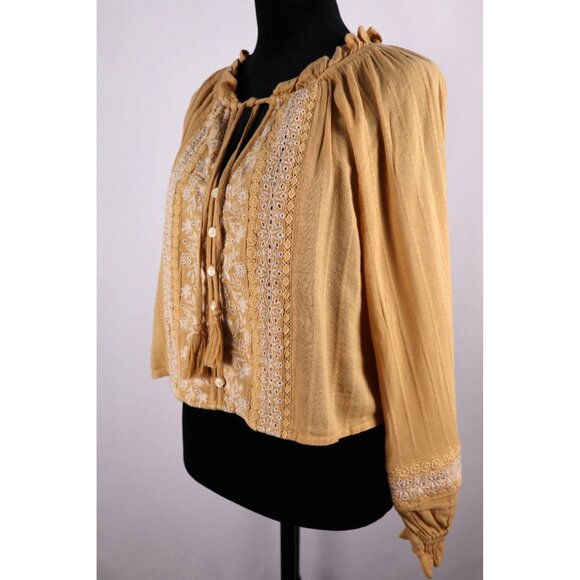 American Eagle Embroidered Mustard Yellow Peasant Blouse With Tassel Tie Neck S - Picture 2 of 12